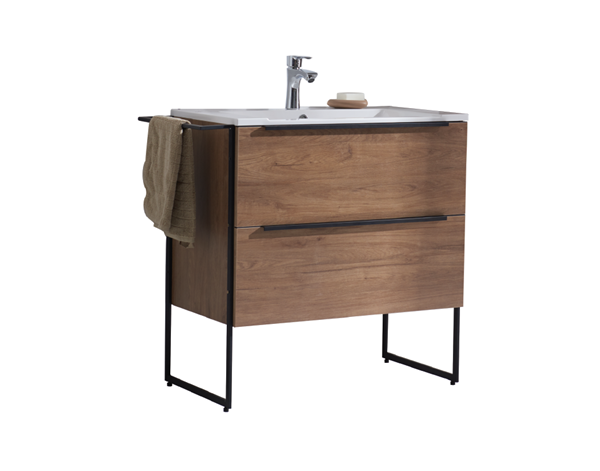 Picture of Loft 900 mm L Cherry Brown bathroom cabinet with 2 drawers, metal towel rail and legs