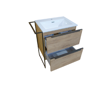 Picture of Loft 600 mm L Cherry Brown bathroom cabinet with 2 drawers, metal towel rail and legs