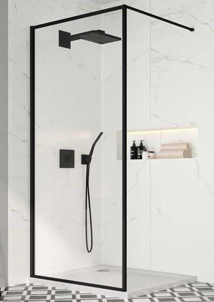 Picture of JHB Walk in Shower Screen, BLACK frame, 900 x 2000 x 8mm, extendable stabilizer & U Channel