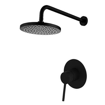 Picture of Black Modern Shower SET with round shower head, arm and concealed mixer