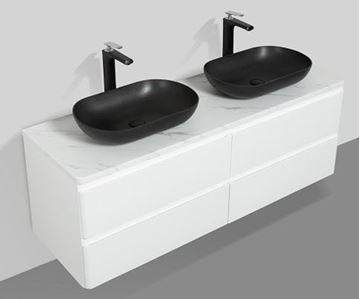 Picture of Santorini 1500 mm L Double Bathroom cabinet, 4 drawers, Calacatta style countertop, BLACK basins, FREE delivery to JHB and Pretoria