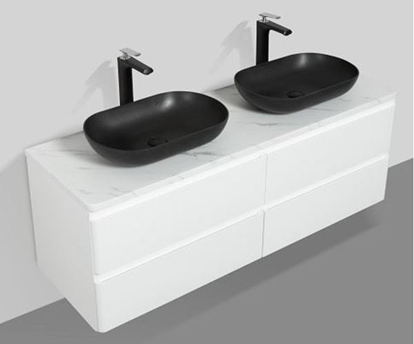 Picture of Santorini 1500 mm L Double Bathroom cabinet, 4 drawers, Calacatta style countertop, BLACK basins, FREE delivery to JHB and Pretoria