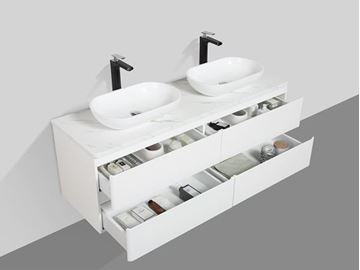 Picture of Santorini 1500 mm L Double Bathroom cabinet, 4 drawers, Calacatta style countertop, WHITE basins, FREE delivery to JHB and Pretoria
