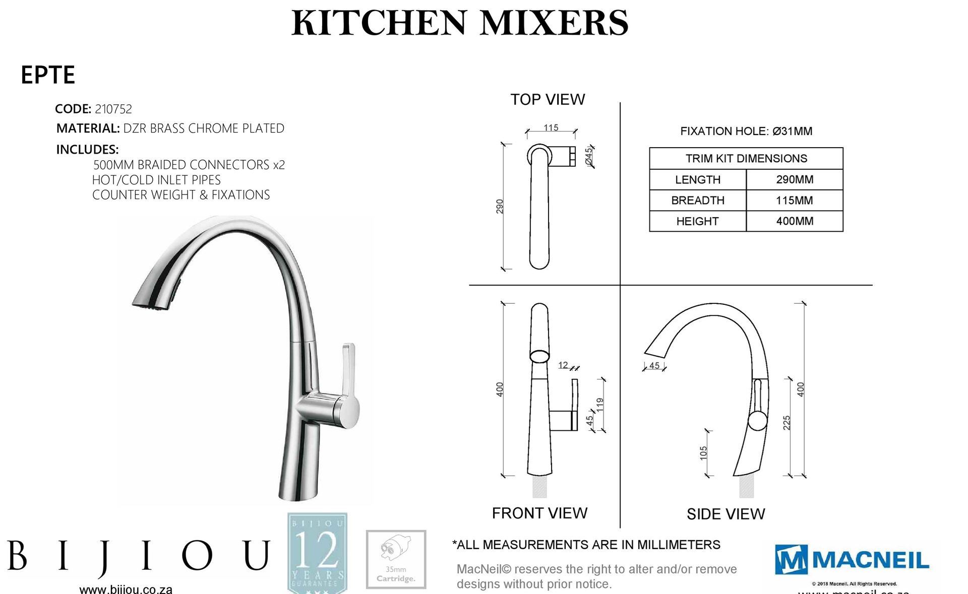 Sale Bijiou Epte Kitchen Sink mixer, ex JHB Klaus Klein Exclusive