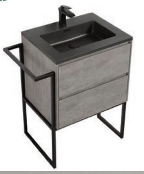 Picture of Urban CONCRETE bathroom cabinet 600 mm L, 2 drawers, BLACK basin, metal towel rail, DELIVERED to MAIN Cities