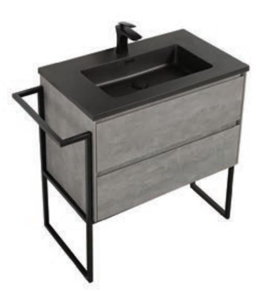 Picture of Urban CONCRETE bathroom cabinet 800 mm L, 2 drawers, BLACK basin, metal towel rail and legs, DELIVERED to MAIN Cities