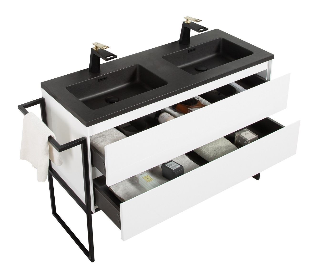 Urban WHITE Double bathroom cabinet 1200 mm L with BLACK basins, metal ...