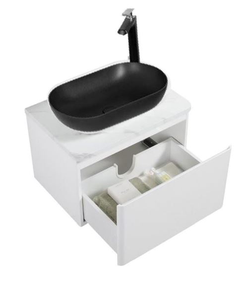 Picture of Santorini Bathroom cabinet 600 mm, 1 drawer, Calacatta style countertop,  BLACK basin, DELIVERED to MAIN cities