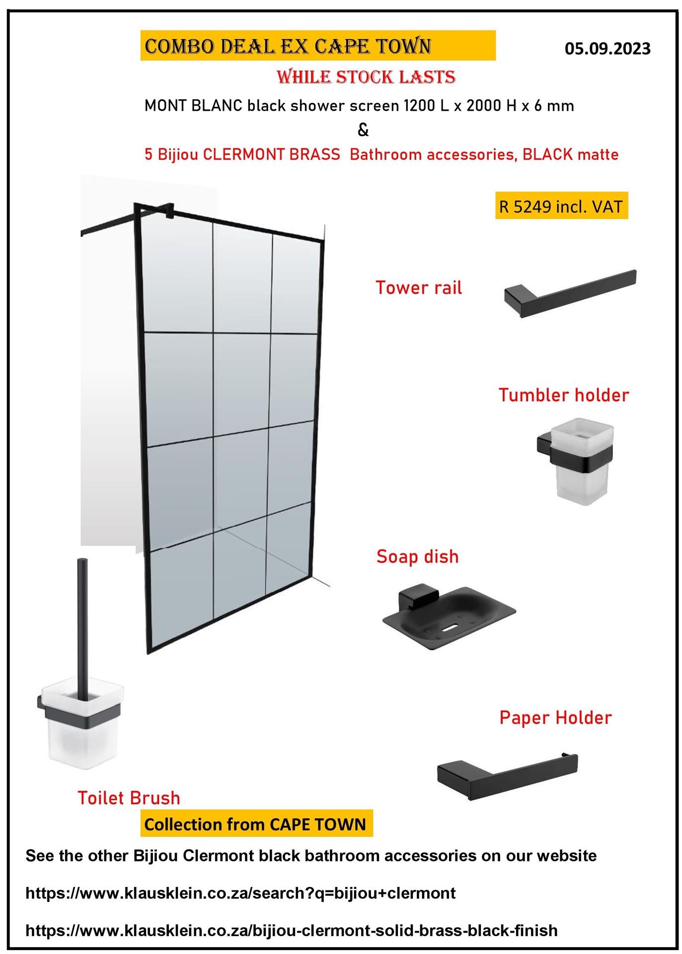 Cape Town COMBO Deal MONT BLANC French Style BLACK Walk In Shower