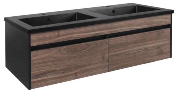 Picture of Cape Town Sale Bijiou Vague Noire Walnut Double Bathroom Cabinet with BLACK basins and Black sides, 1200 mm L, 2 drawers 