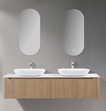 Picture of Monza OAK double bathroom cabinet 1600 mm L, Fluted design, Modena oval quartz composite basins, Sintered stone countertop, FREE delivery to JHB/ PTA
