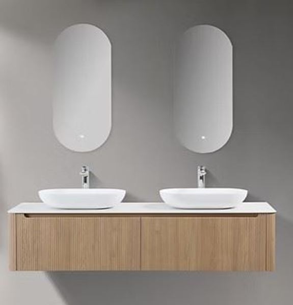 Picture of Monza OAK double bathroom cabinet 1600 mm L, Fluted design, Modena oval quartz composite basins, Sintered stone countertop, FREE delivery to JHB/ PTA