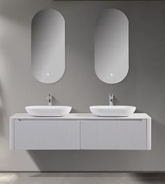 Picture of Monza WHITE double bathroom cabinet 1600 mm L, Fluted design, Modena oval quartz composite basins, Sintered stone countertop, FREE delivery to JHB/ PTA